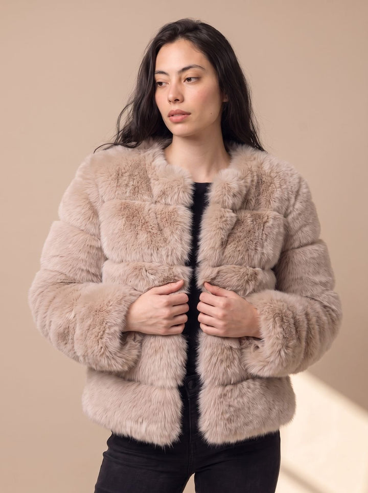 Dames Imitatiebont Jas met Lange Mouwen Regular Fit - Beige