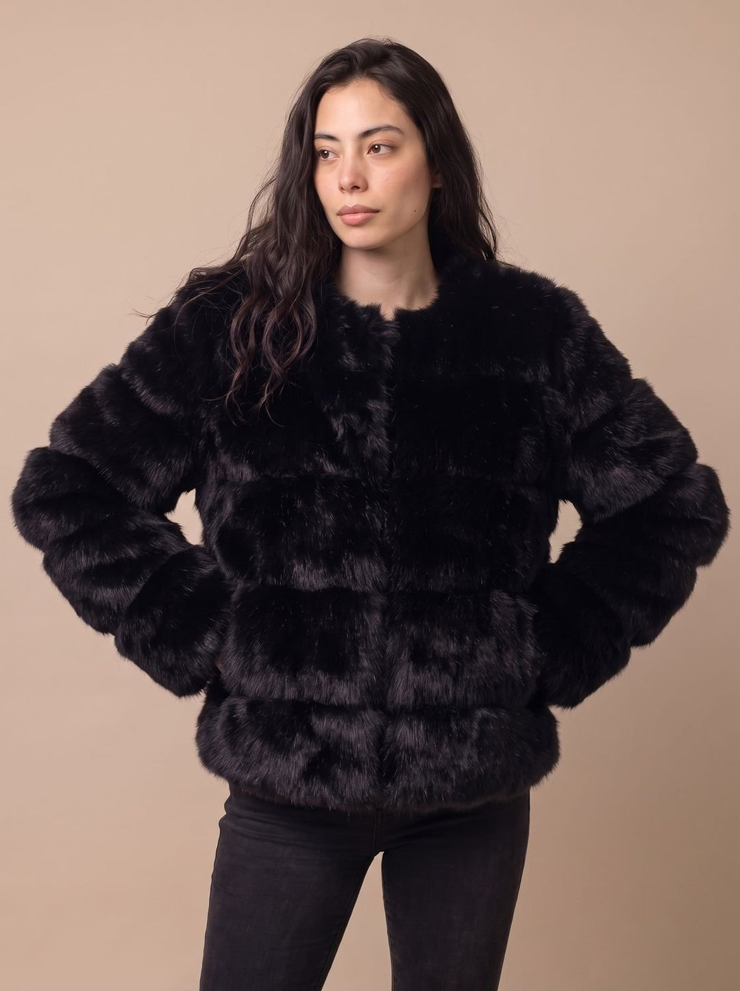 Dames Imitatiebont Jas met Lange Mouwen Regular Fit - Zwart