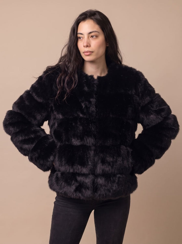 Dames Imitatiebont Jas met Lange Mouwen Regular Fit - Zwart