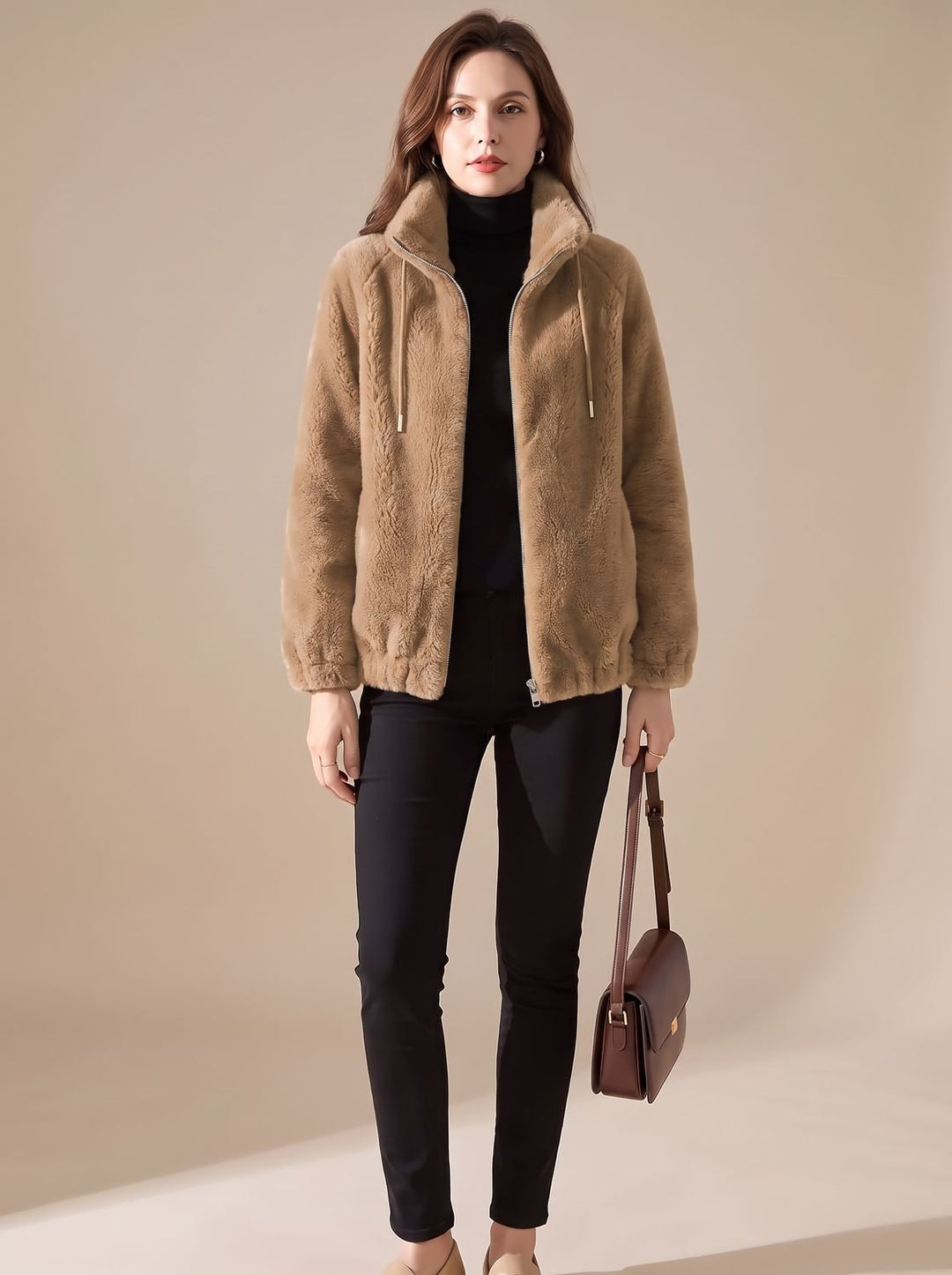 Dames Imitatiebont Zip-Up Jas met Staande Kraag - Donkerbruin