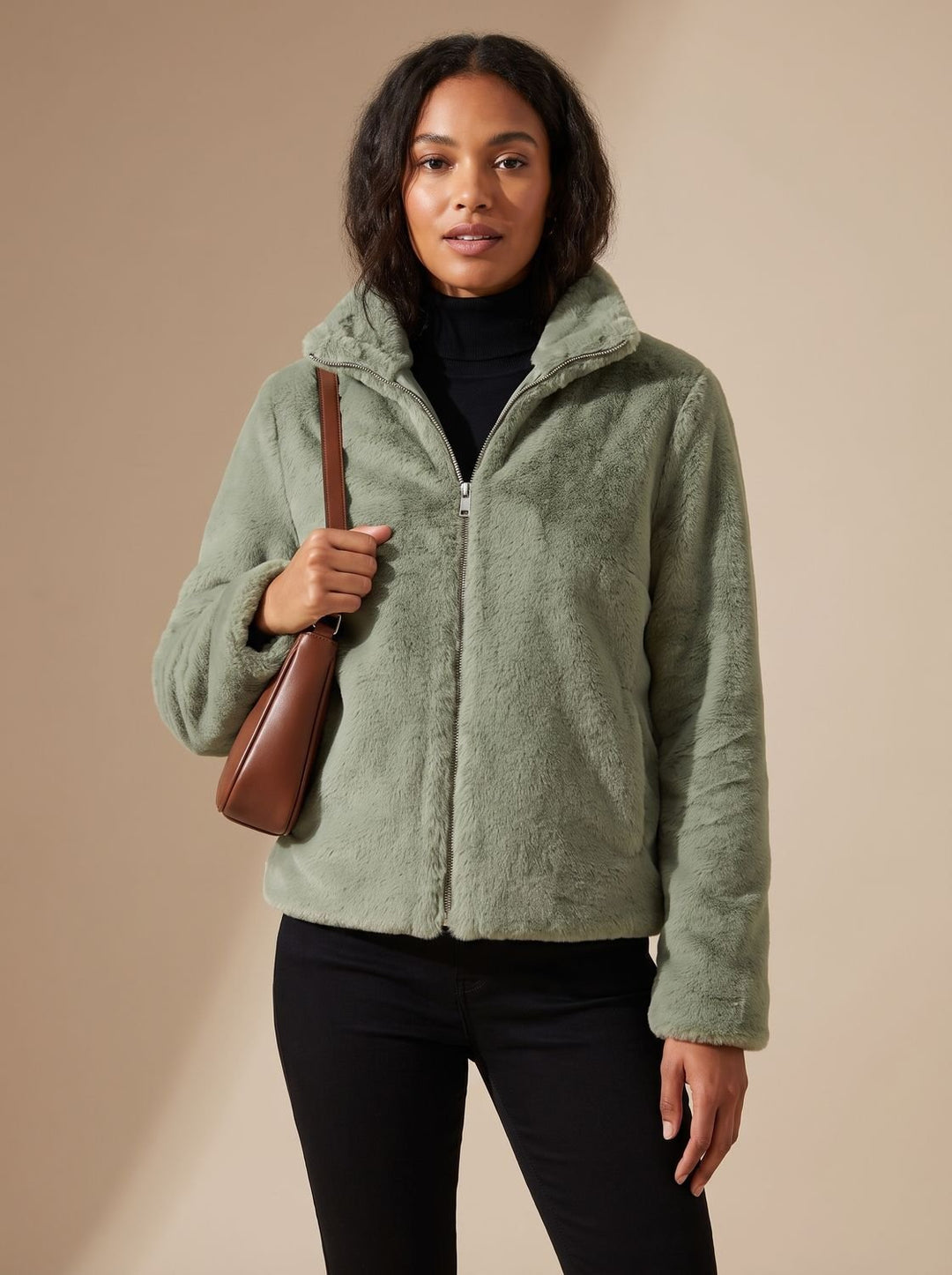 Dames Imitatiebont Zip-Up Jas met Staande Kraag - Groen