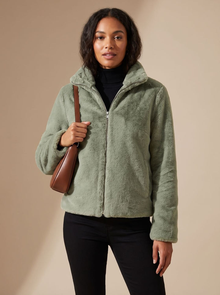 Dames Imitatiebont Zip-Up Jas met Staande Kraag - Groen