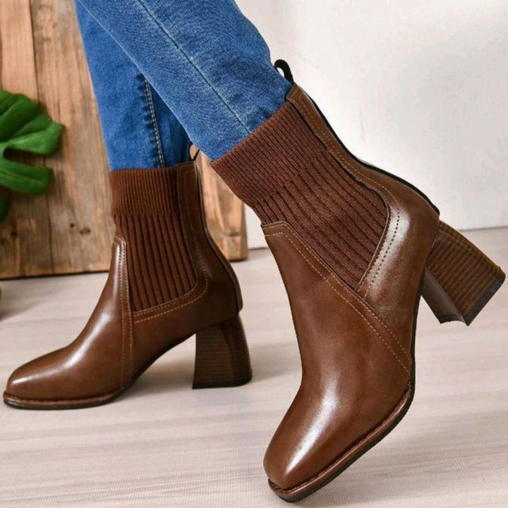 Dames Instap Ankle Boots met Blokkhak en Gebreide Schacht