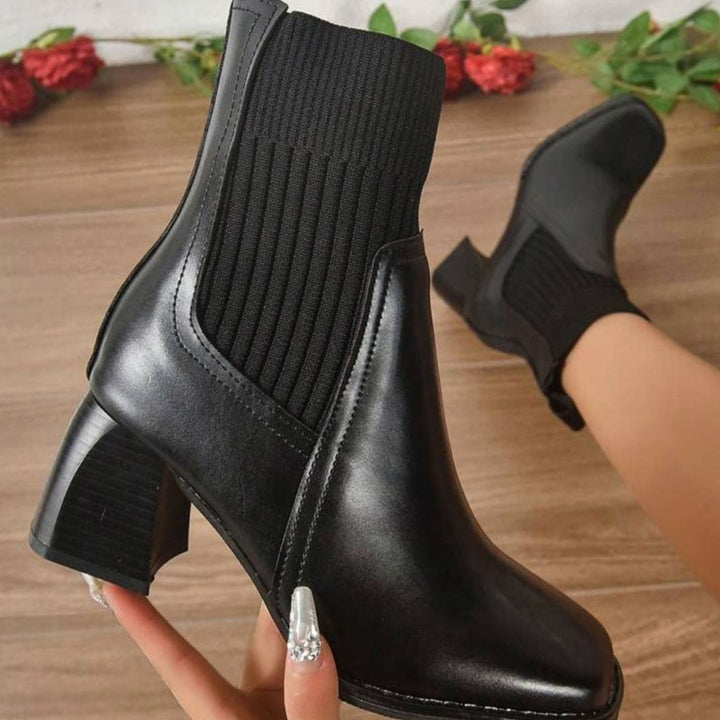 Dames Instap Ankle Boots met Blokkhak en Gebreide Schacht