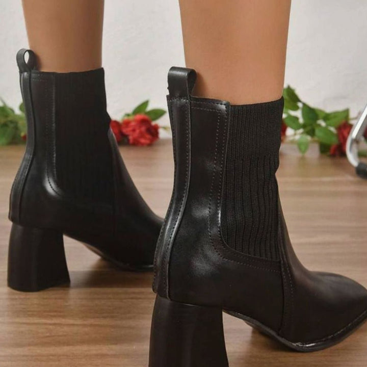 Dames Instap Ankle Boots met Blokkhak en Gebreide Schacht