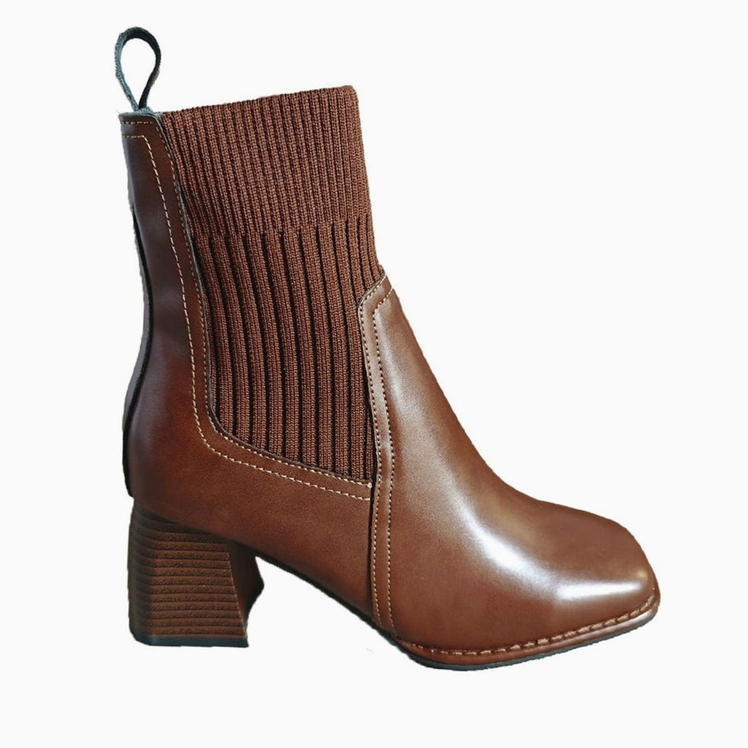 Dames Instap Ankle Boots met Blokkhak en Gebreide Schacht