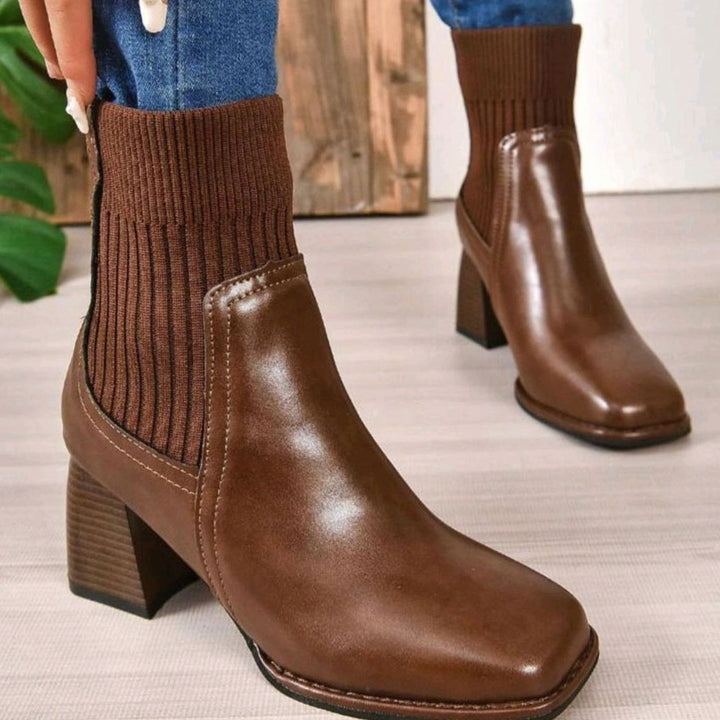 Dames Instap Ankle Boots met Blokkhak en Gebreide Schacht