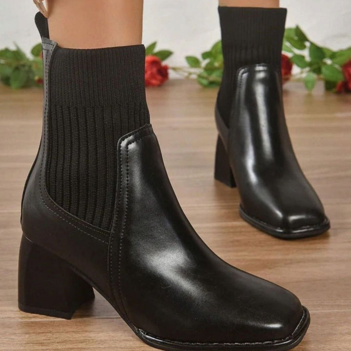 Dames Instap Ankle Boots met Blokkhak en Gebreide Schacht - Zwart