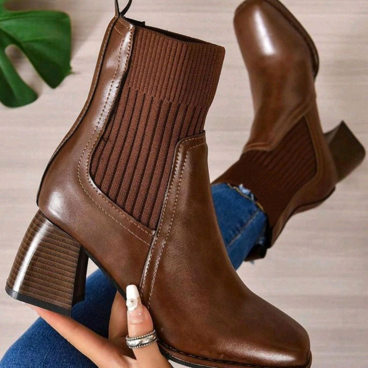 Dames Instap Ankle Boots met Blokkhak en Gebreide Schacht - Bruin