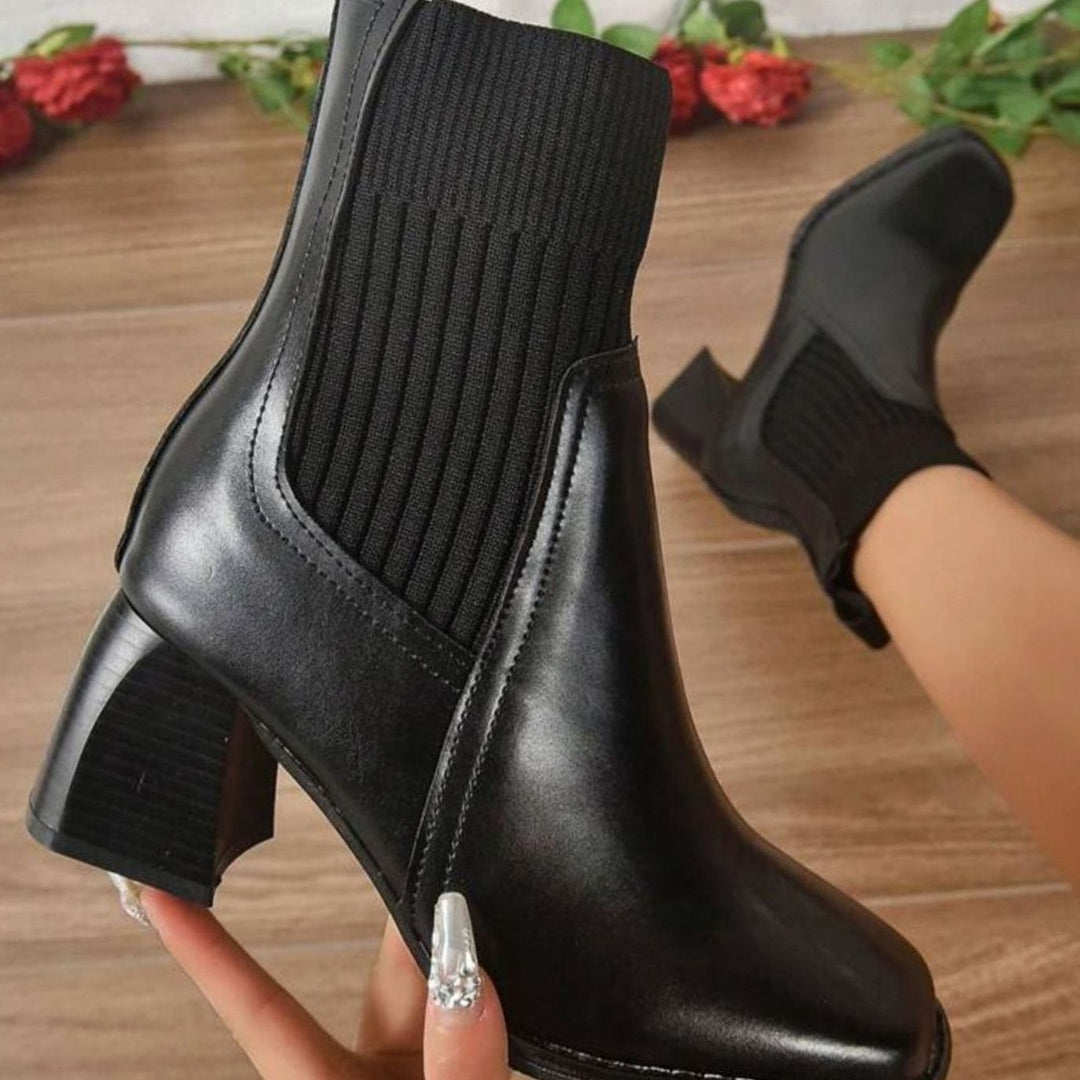 Dames Instap Ankle Boots met Blokkhak en Gebreide Schacht