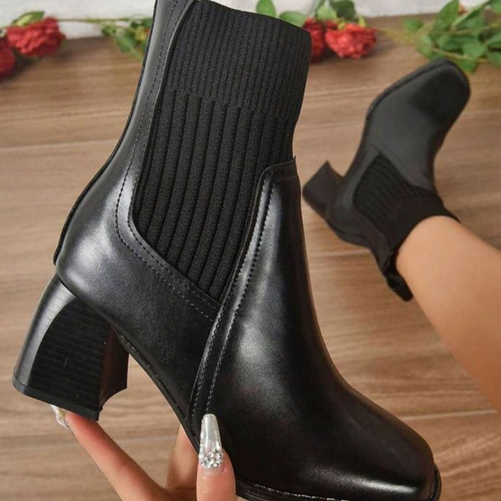 Dames Instap Ankle Boots met Blokkhak en Gebreide Schacht