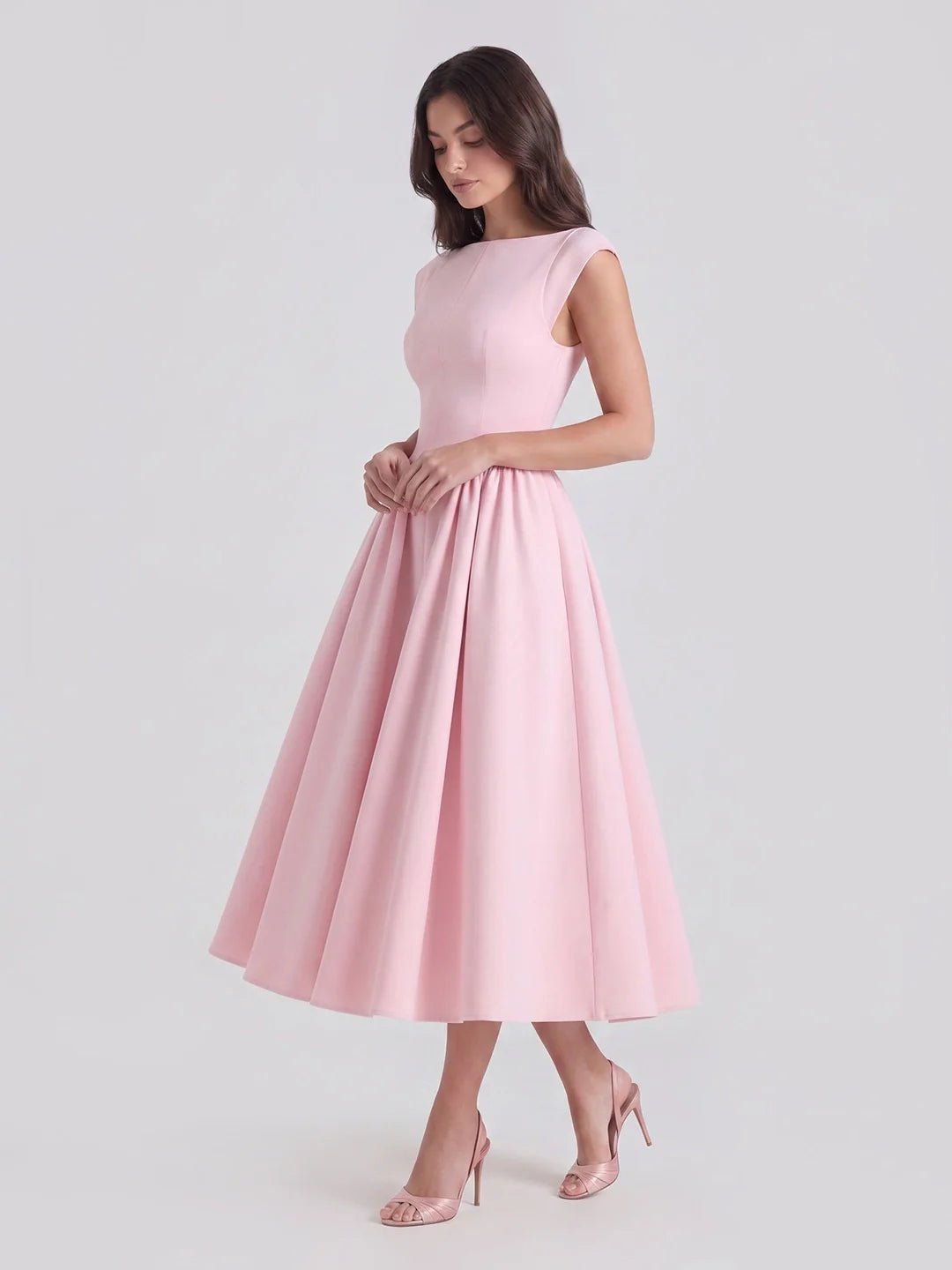 Dames Jaren-50 Geïnspireerde Satijnen Midi-jurk Boothals - Soft Pink