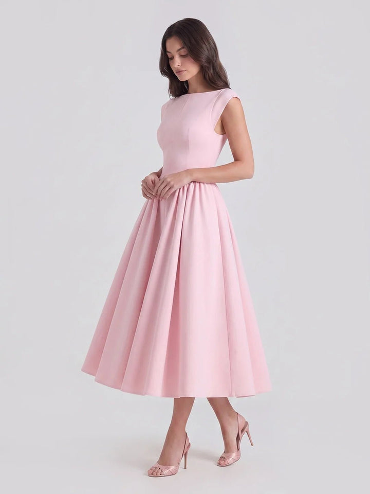 Dames Jaren-50 Geïnspireerde Satijnen Midi-jurk Boothals - Soft Pink
