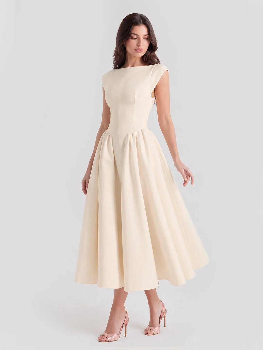 Dames Jaren-50 Geïnspireerde Satijnen Midi-jurk Boothals - Beige