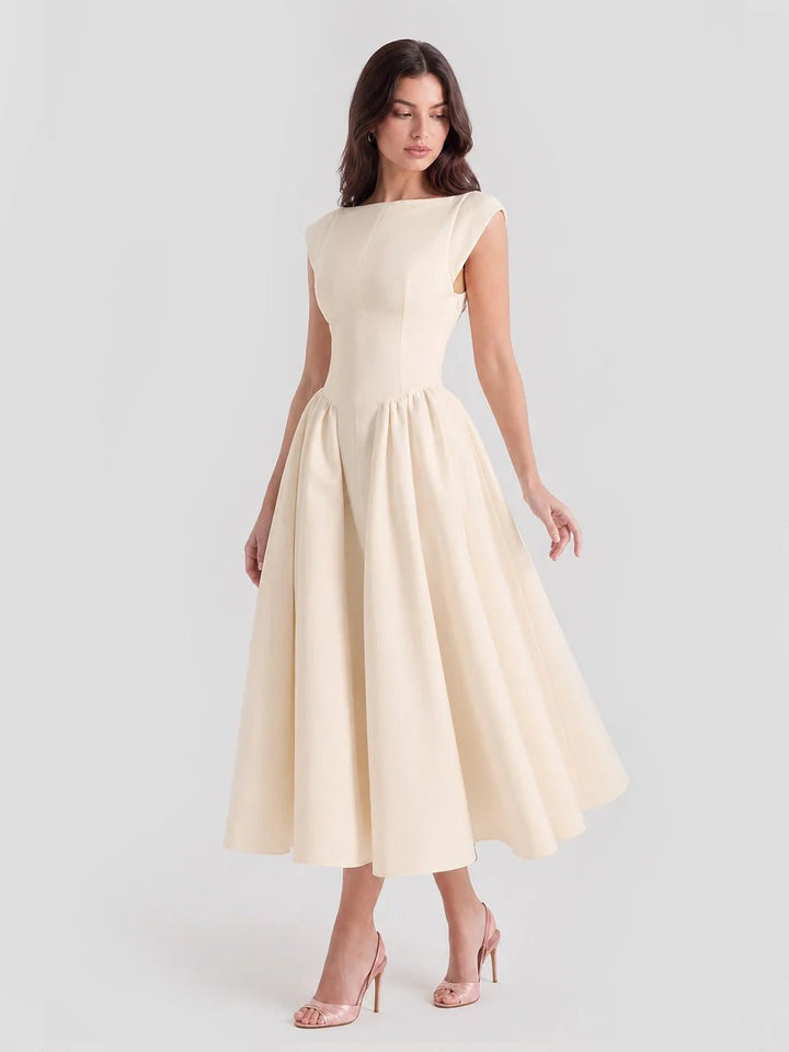 Dames Jaren-50 Geïnspireerde Satijnen Midi-jurk Boothals - Beige