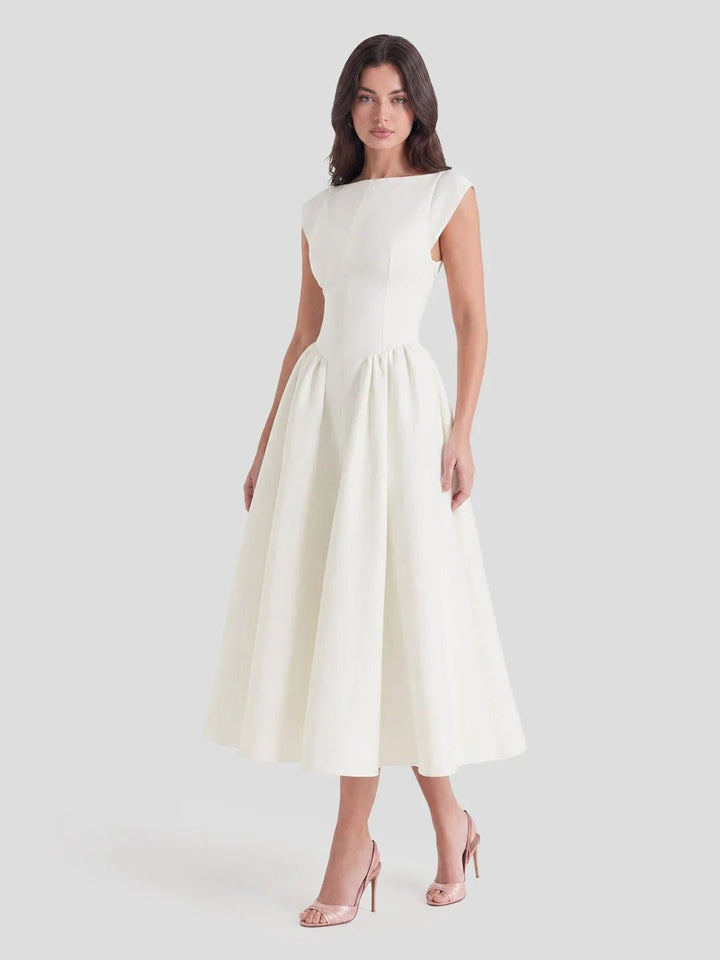 Dames Jaren-50 Geïnspireerde Satijnen Midi-jurk Boothals - Ivory