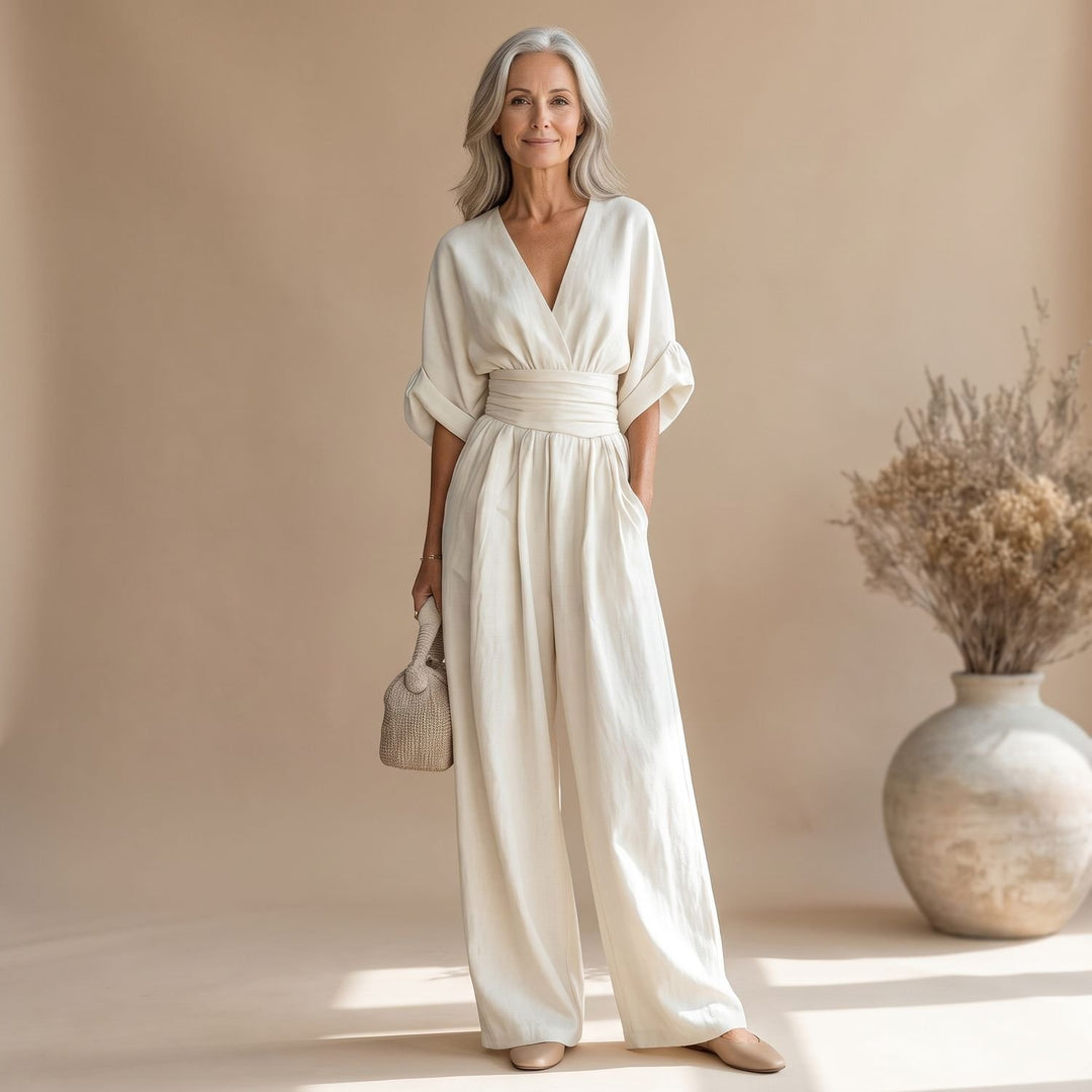 Dames Jumpsuit met V-hals Wijde Pijpen en Brede Tailleband - Wit