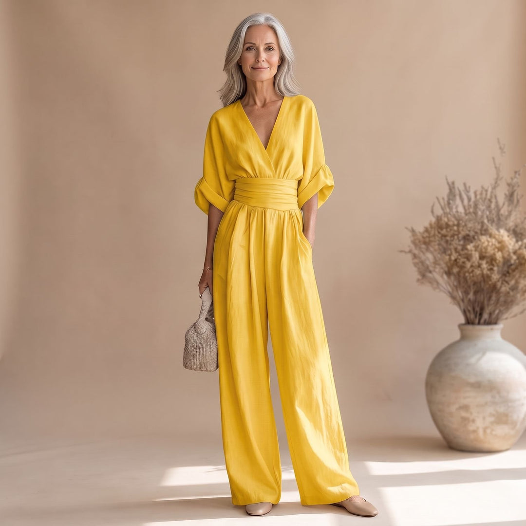 Dames Jumpsuit met V-hals Wijde Pijpen en Brede Tailleband - Oranje