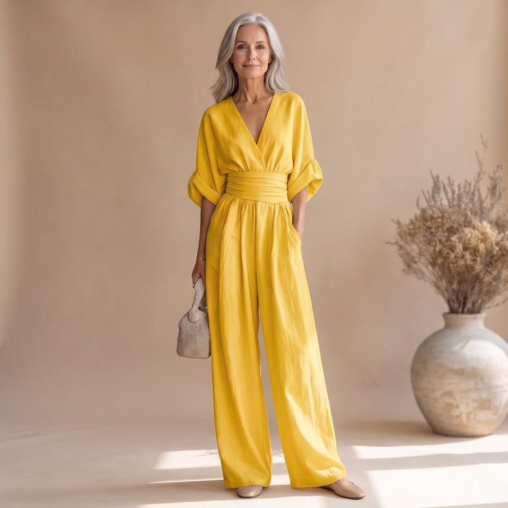 Dames Jumpsuit met V-hals Wijde Pijpen en Brede Tailleband - Oranje