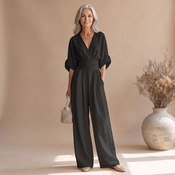 Dames Jumpsuit met V-hals Wijde Pijpen en Brede Tailleband - Zwart