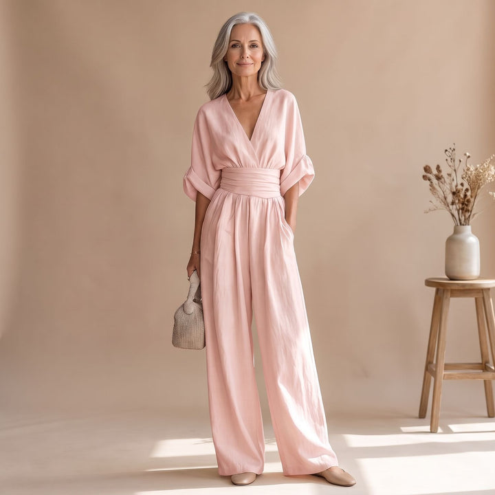 Dames Jumpsuit met V-hals Wijde Pijpen en Brede Tailleband - Roze