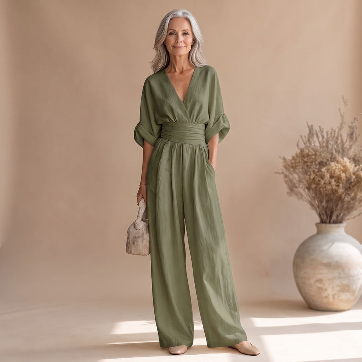 Dames Jumpsuit met V-hals Wijde Pijpen en Brede Tailleband - Olijfgroen