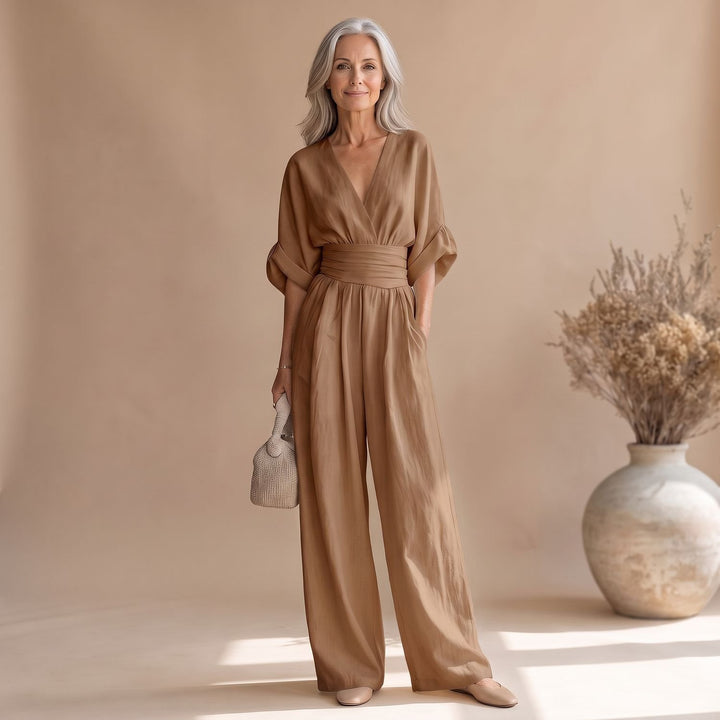 Dames Jumpsuit met V-hals Wijde Pijpen en Brede Tailleband - Bruin