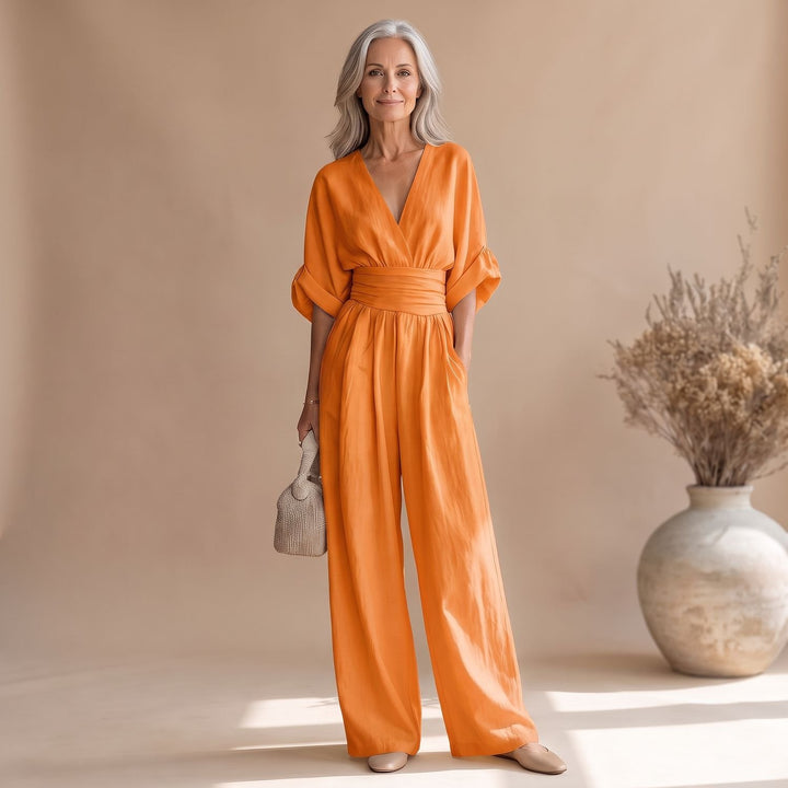 Dames Jumpsuit met V-hals Wijde Pijpen en Brede Tailleband