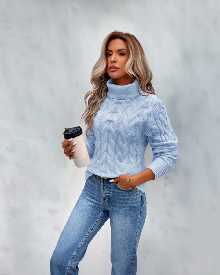 Dames Kabelgebreide Coltrui Pullover Warme Rolkraag Trui - Blauw