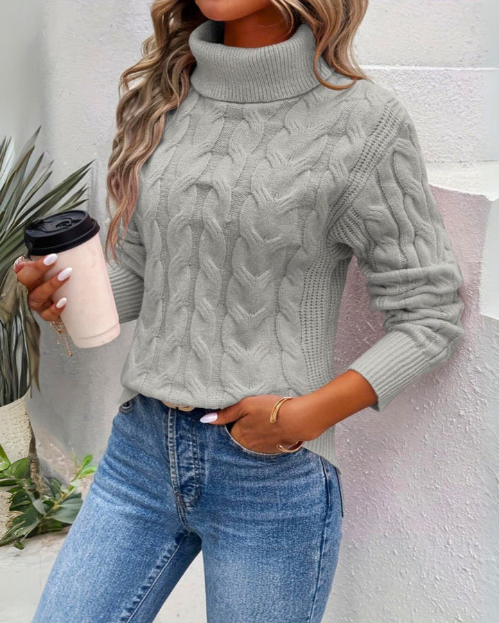 Dames Kabelgebreide Coltrui Pullover Warme Rolkraag Trui - Grijs