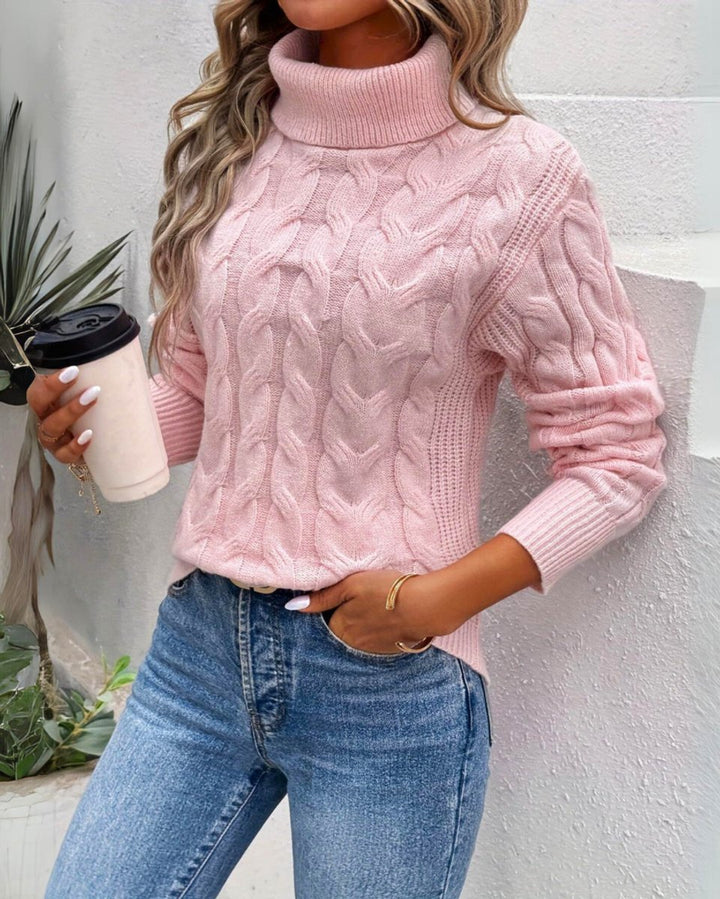 Dames Kabelgebreide Coltrui Pullover Warme Rolkraag Trui - Roze