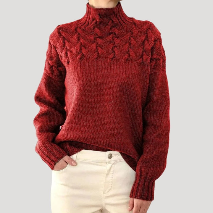 Dames Kabelgebreide Coltrui Sweater met Hoge Hals - Red