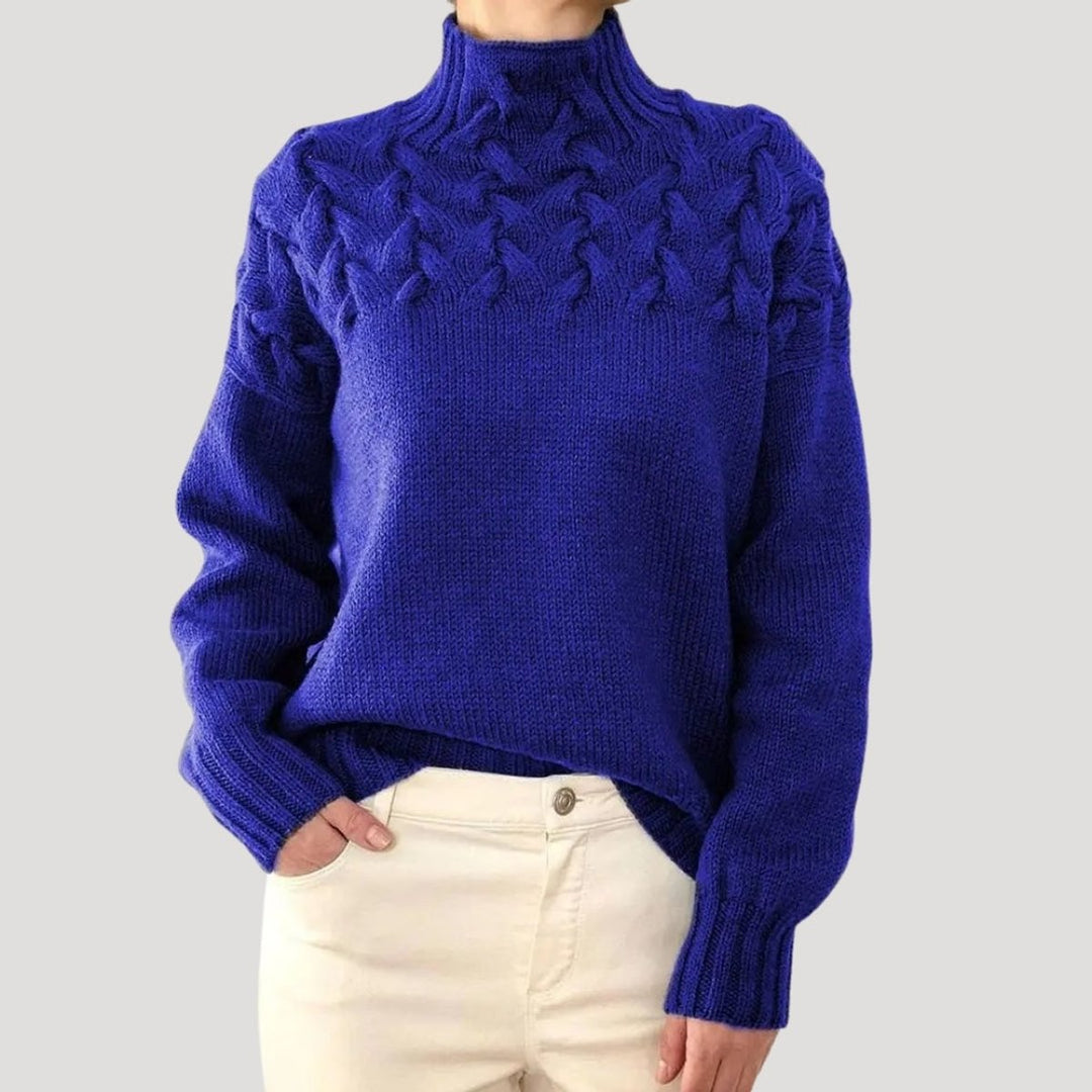 Dames Kabelgebreide Coltrui Sweater met Hoge Hals - Blue