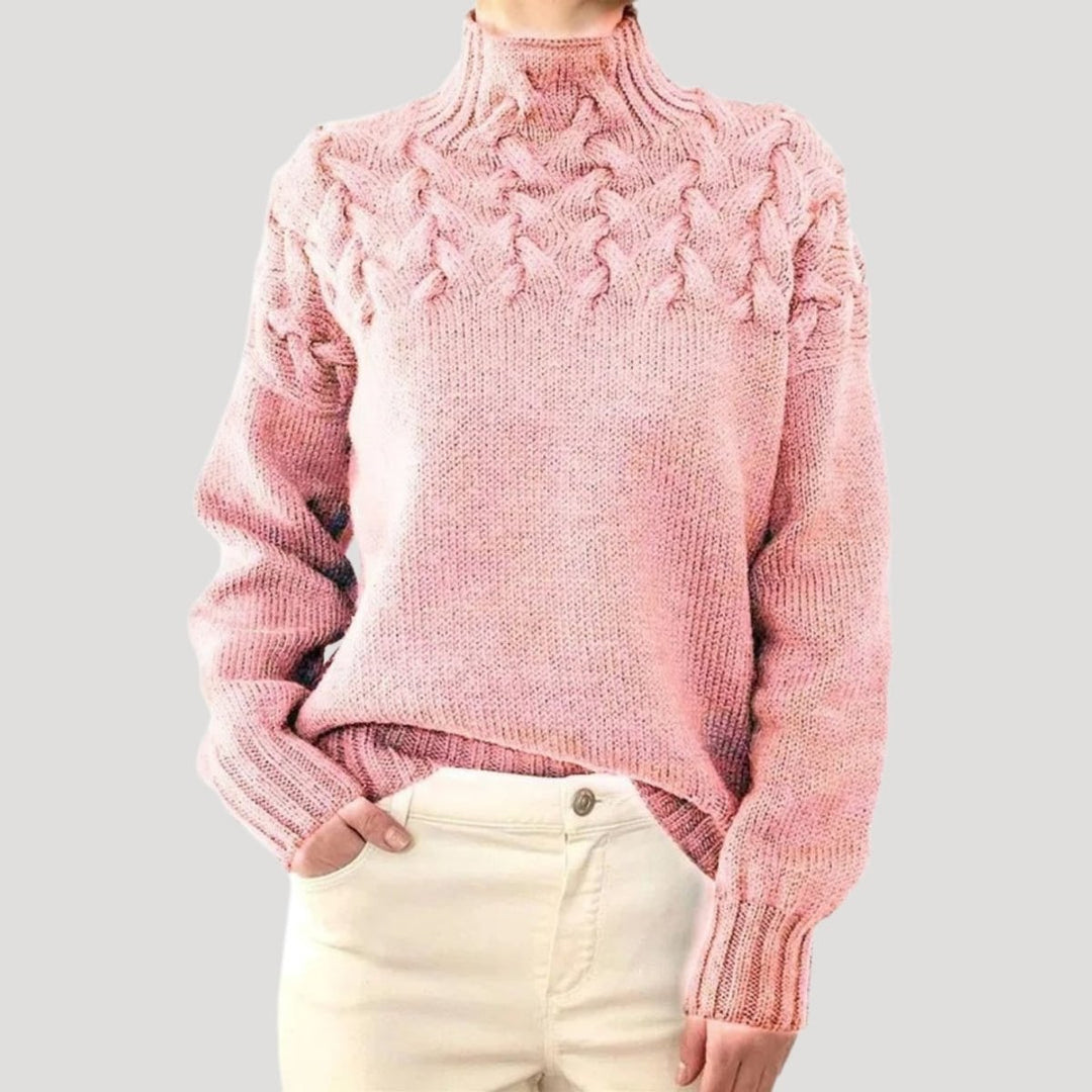 Dames Kabelgebreide Coltrui Sweater met Hoge Hals - Light Pink
