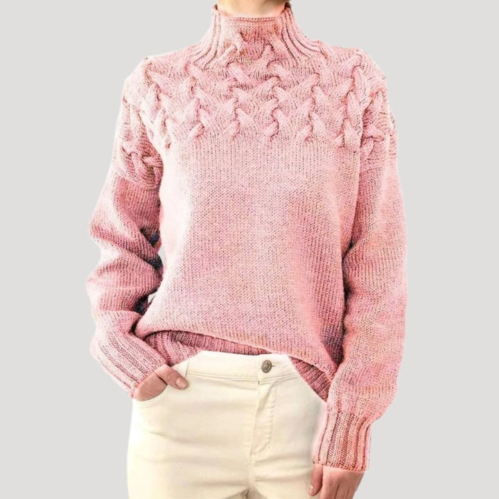 Dames Kabelgebreide Coltrui Sweater met Hoge Hals - Light Pink