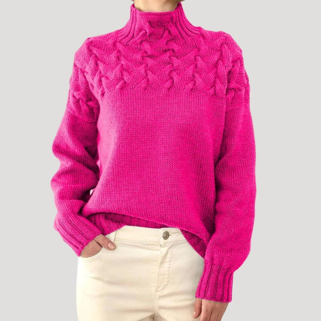 Dames Kabelgebreide Coltrui Sweater met Hoge Hals - Pink