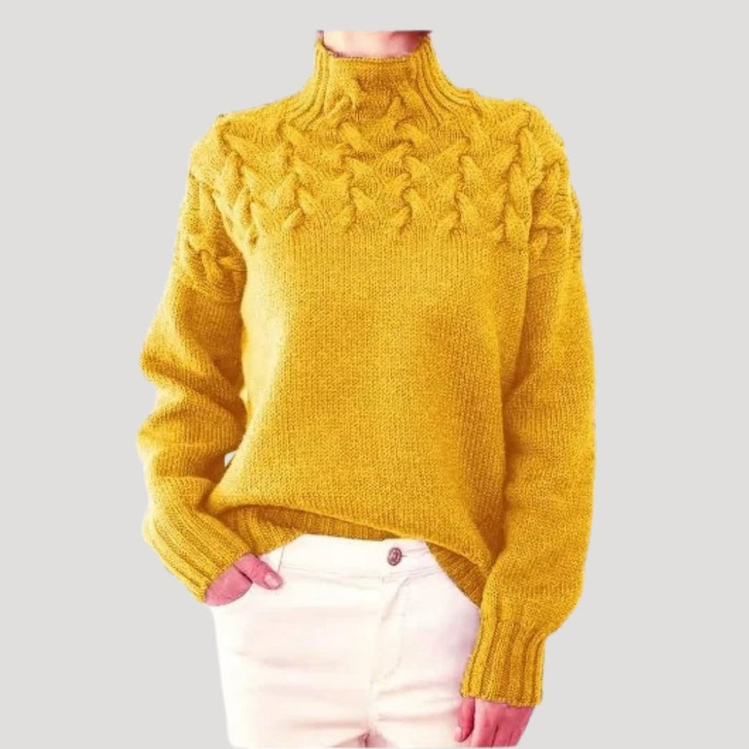 Dames Kabelgebreide Coltrui Sweater met Hoge Hals - Yellow