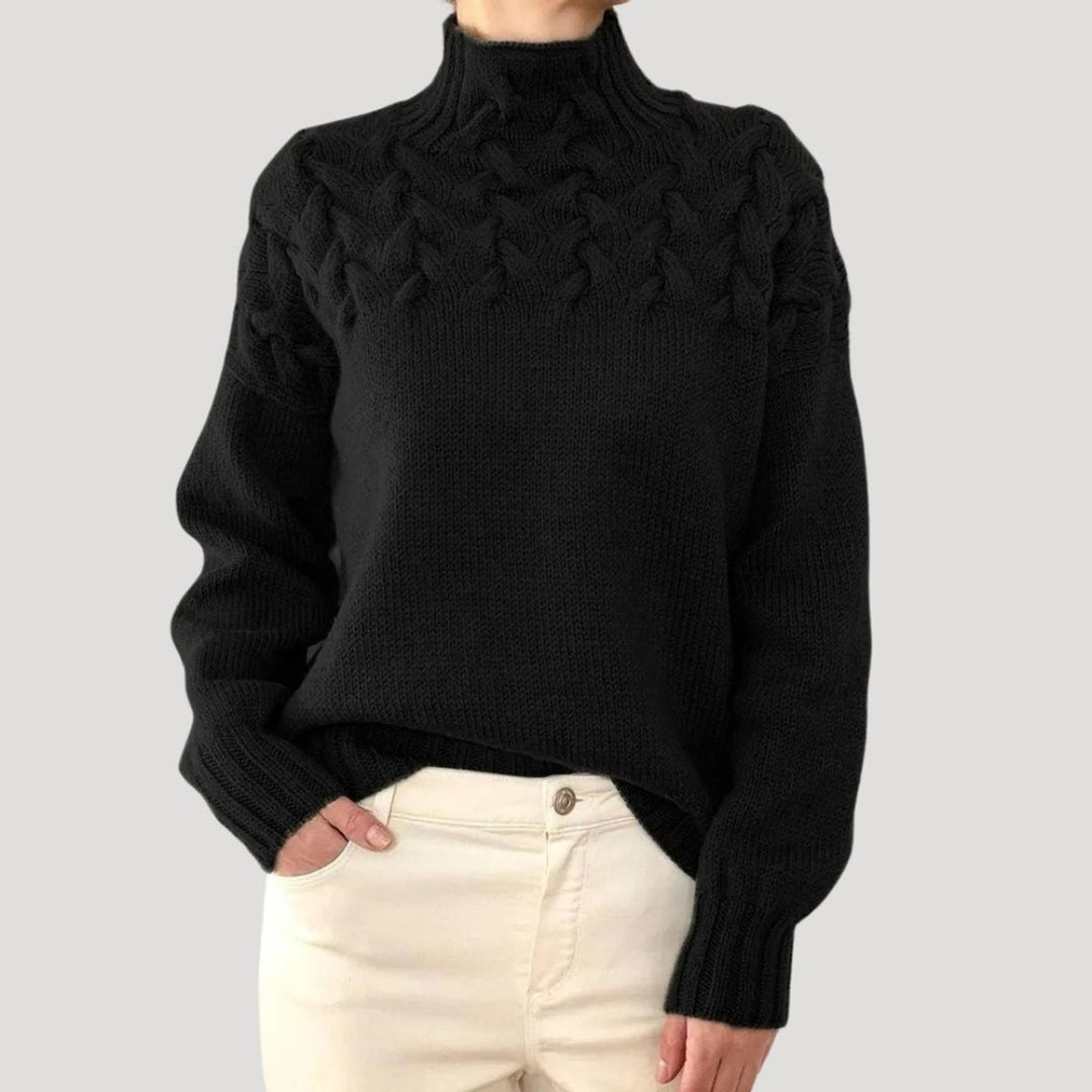 Dames Kabelgebreide Coltrui Sweater met Hoge Hals - Black