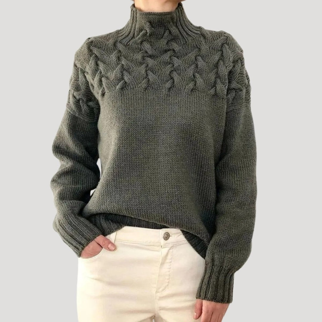 Dames Kabelgebreide Coltrui Sweater met Hoge Hals - Grey