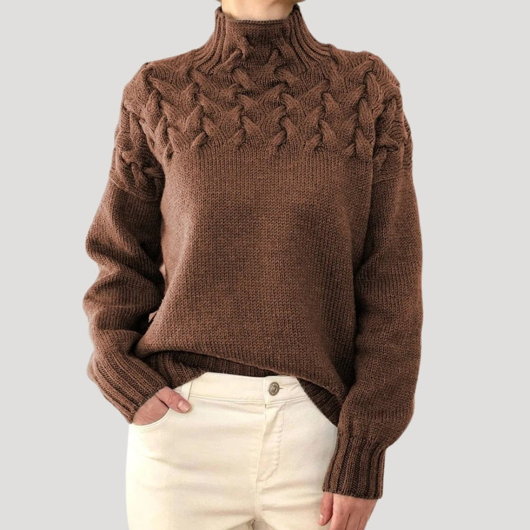 Dames Kabelgebreide Coltrui Sweater met Hoge Hals - Brown