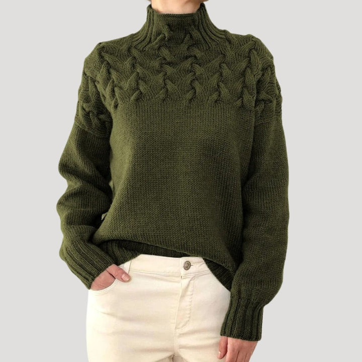 Dames Kabelgebreide Coltrui Sweater met Hoge Hals - Dark Green