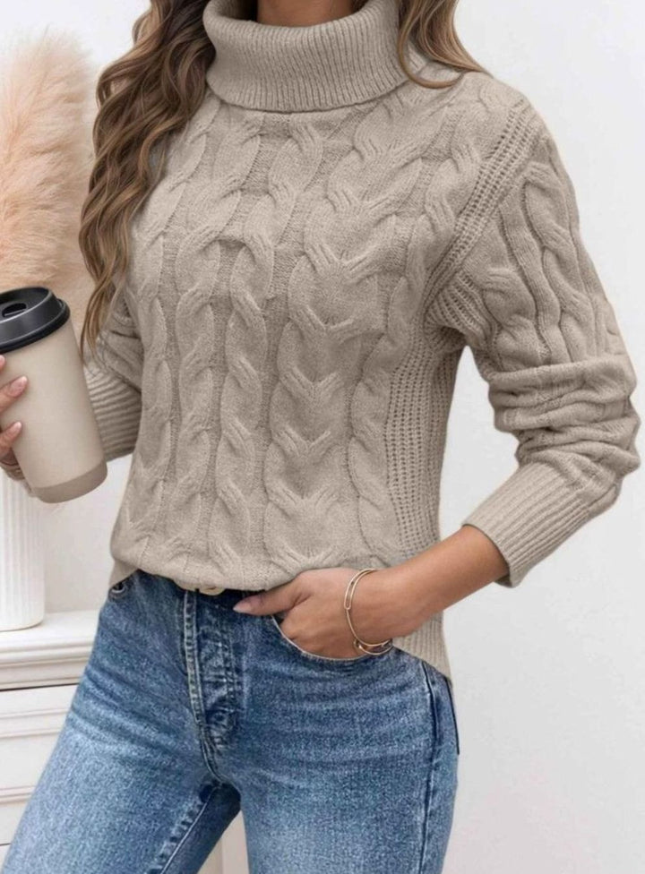 Dames Kabelgebreide Rolkraag Pullover met Lange Mouwen - Lichtgrijs