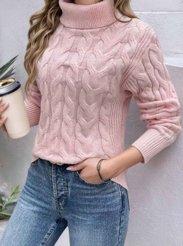 Dames Kabelgebreide Rolkraag Pullover met Lange Mouwen - Lichtroze