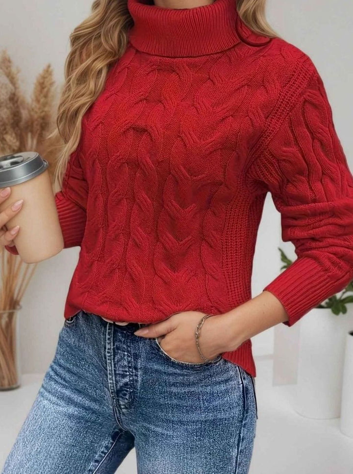 Dames Kabelgebreide Rolkraag Pullover met Lange Mouwen - Rood