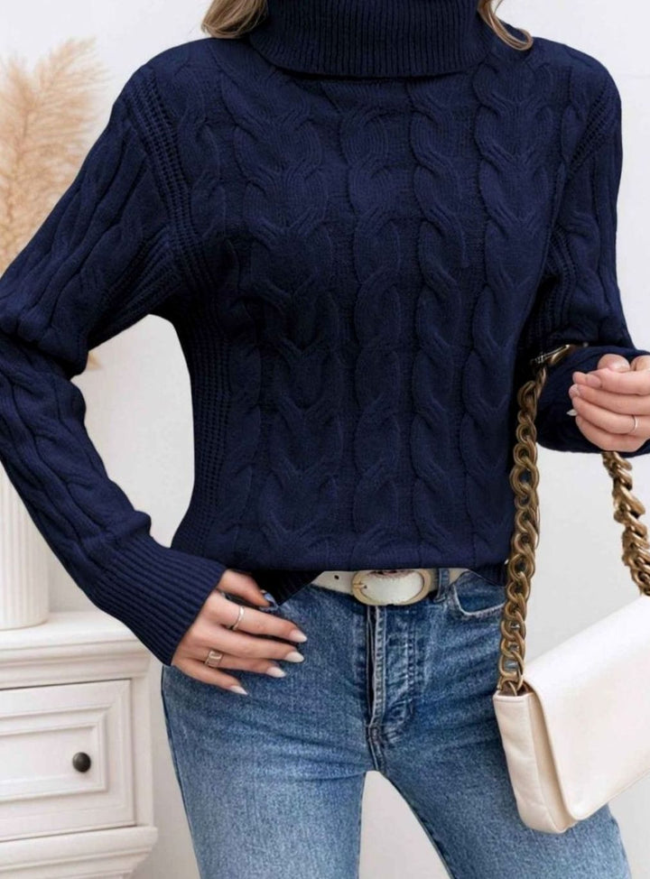 Dames Kabelgebreide Rolkraag Pullover met Lange Mouwen - Marineblauw