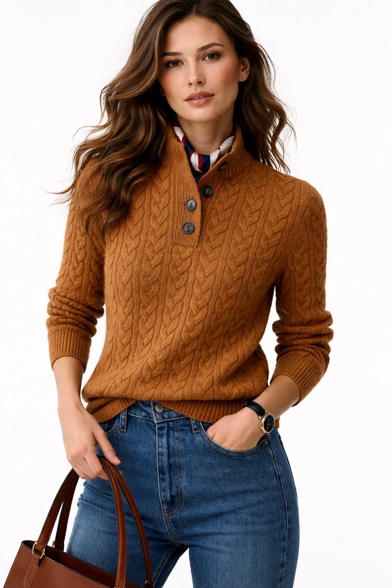 Dames Kabelgebreide Wolblend Sweater Staande Kraag - Brown