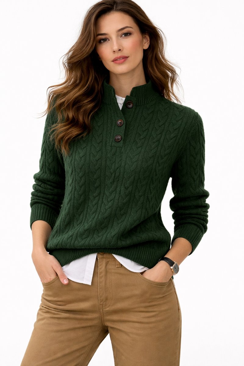 Dames Kabelgebreide Wolblend Sweater Staande Kraag - Green