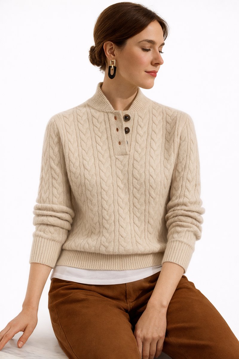 Dames Kabelgebreide Wolblend Sweater Staande Kraag - Khaki