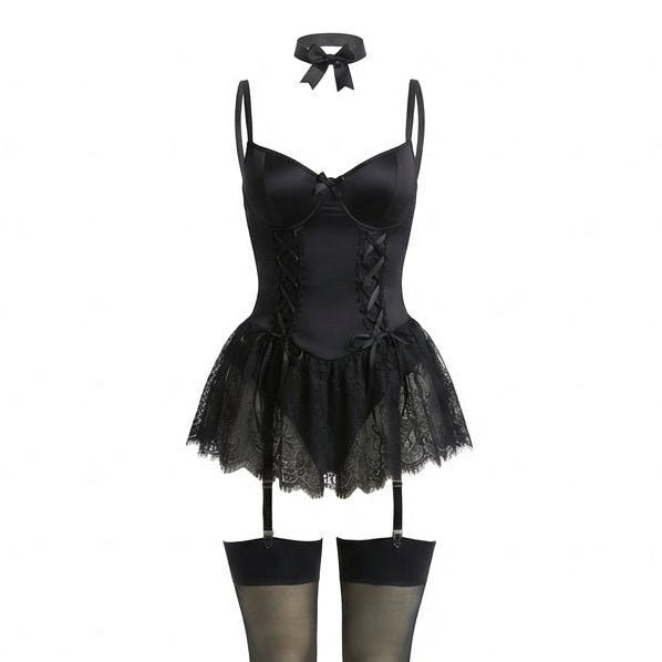 Dames Kant Bustier Teddy Korsetten Jarretelriemen - Black