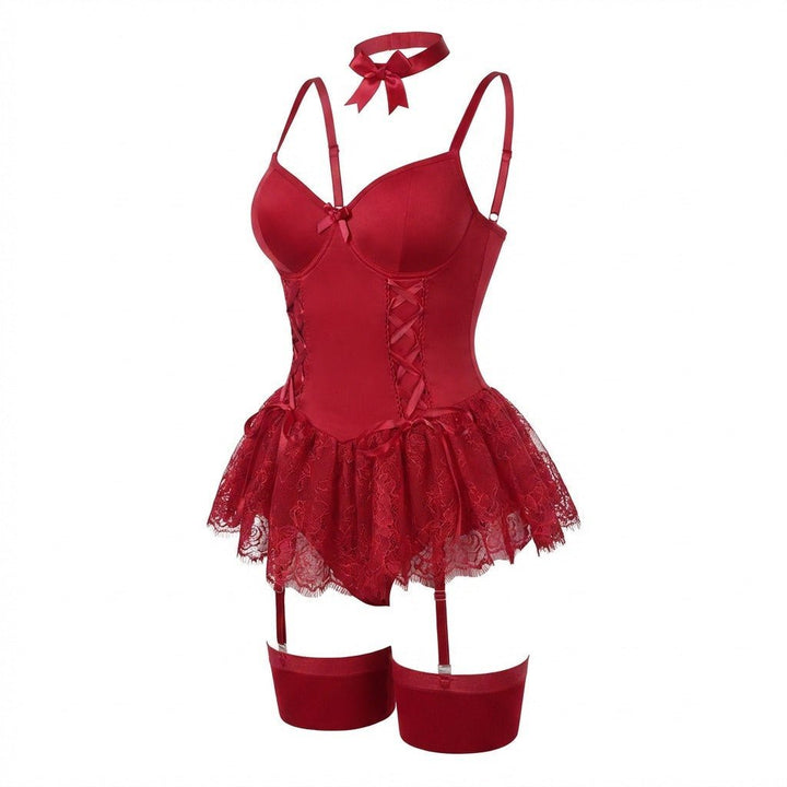 Dames Kant Bustier Teddy Korsetten Jarretelriemen - Burgundy